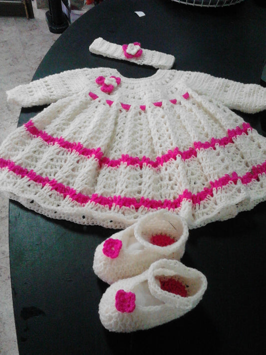 Vestido de Bebé em Lã | Riscas Rosa e Branco