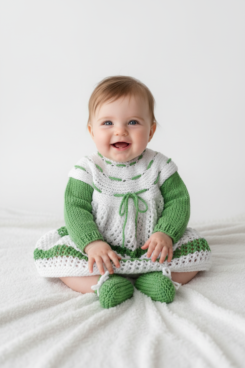 Bebé com conjunto de malha verde e branco