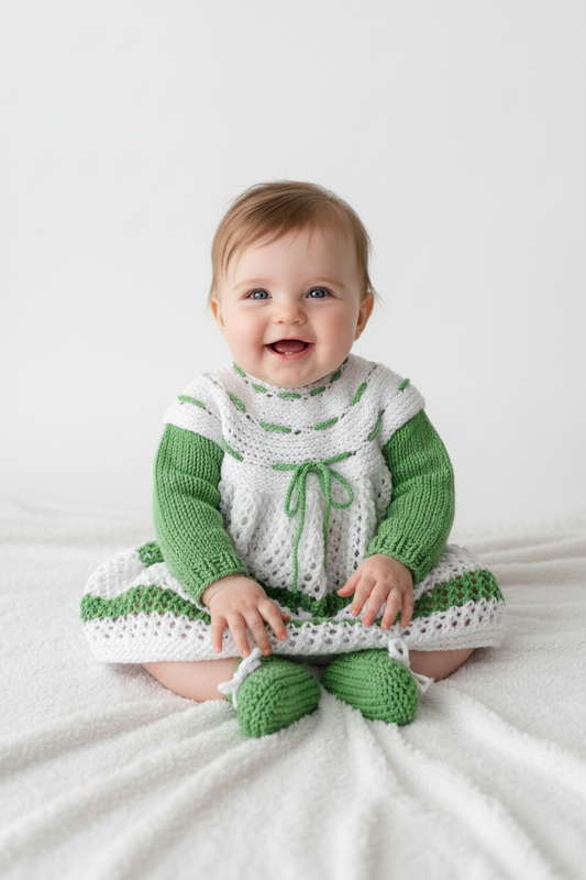 Bebé com conjunto de malha verde e branco