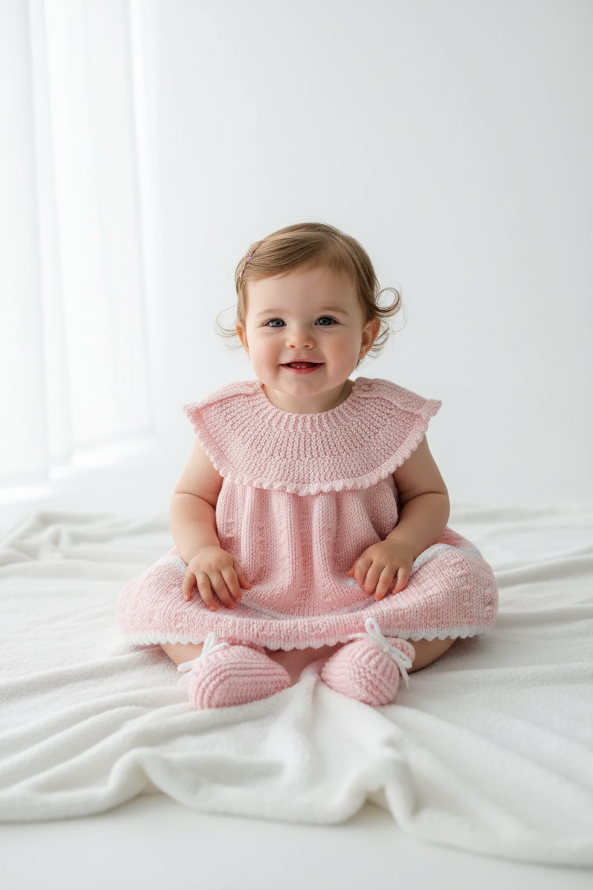 Bebé com conjunto rosa de malha
