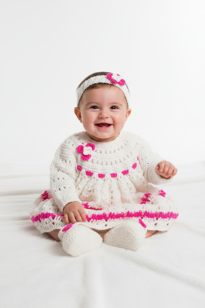 Bebé com vestido branco e fúcsia com faixa