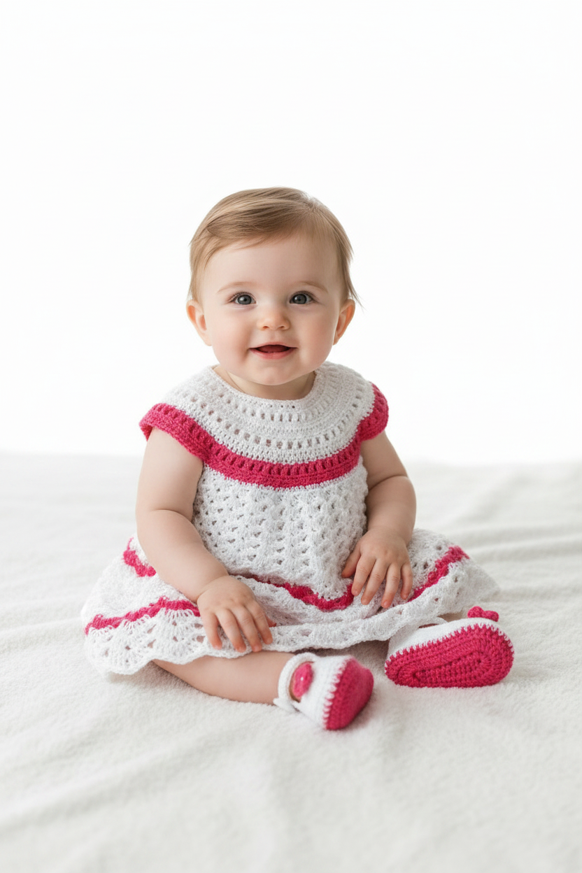 Bebé com vestido branco e fúcsia