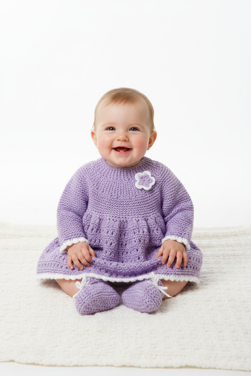 Bebé com vestido lilás de malha
