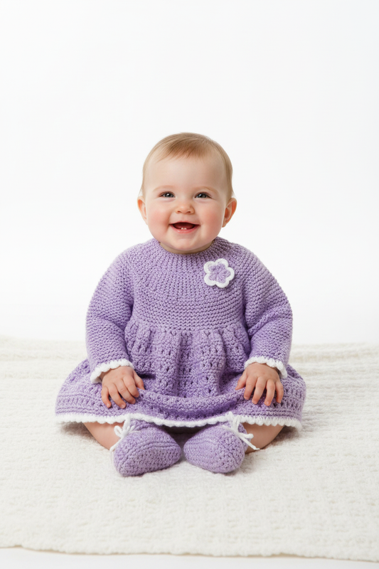 Bebé com vestido lilás de malha