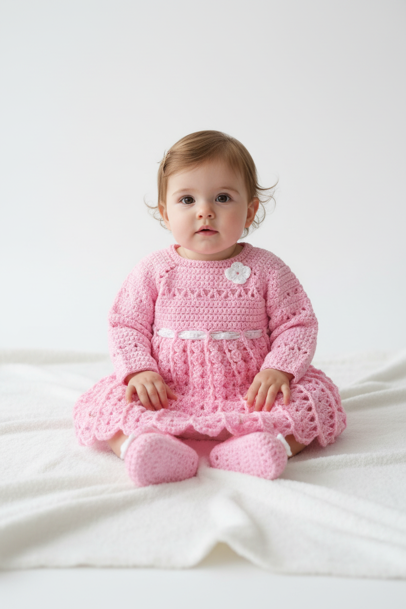 Bebé com vestido rosa mangas compridas