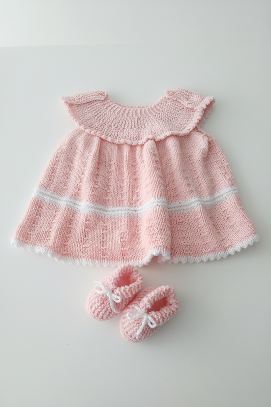 Conjunto de Malha Rosa Bebé – Vestido e Sapatinhos