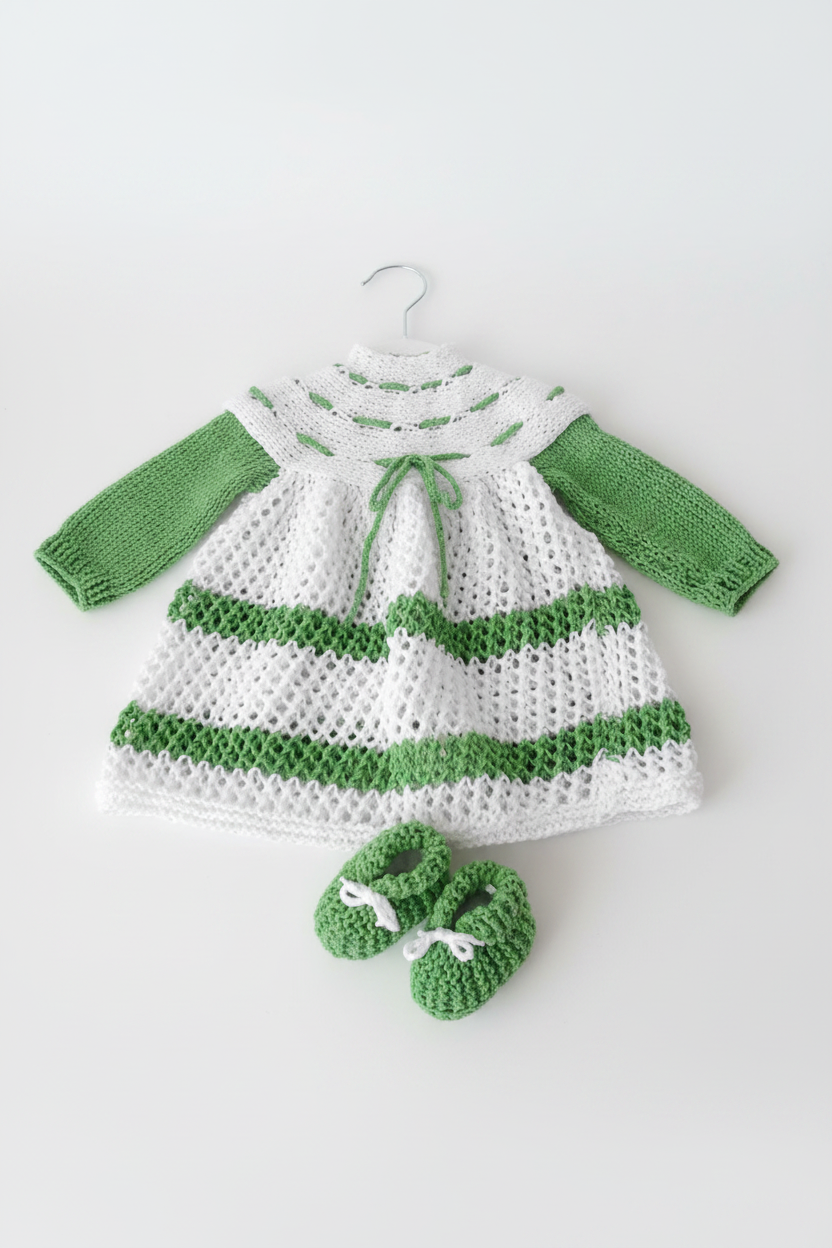 Vestido de Lã Branco e Verde com Pormenores no Decote