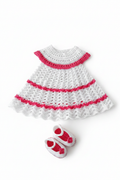 Vestido de bebé em croché branco e rosa com sapatinhas a condizer