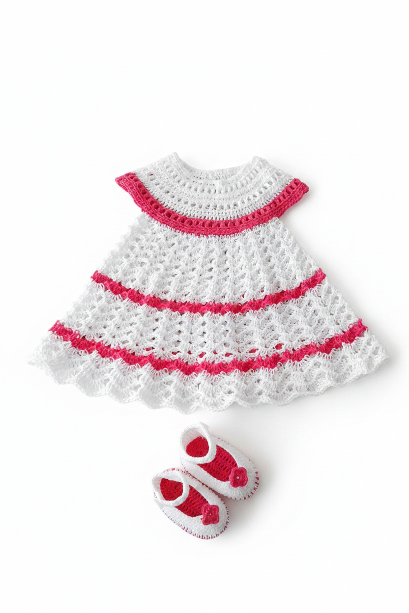 Vestido de bebé em croché branco e rosa com sapatinhas a condizer