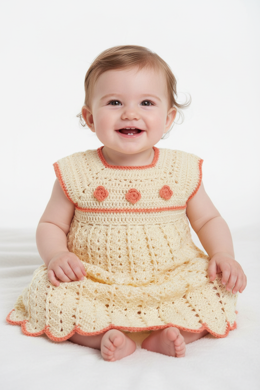 Bebé com vestido de crochet creme e detalhes salmão