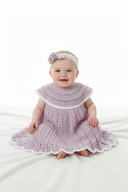 Bebé com vestido de crochet lilás e gola branca