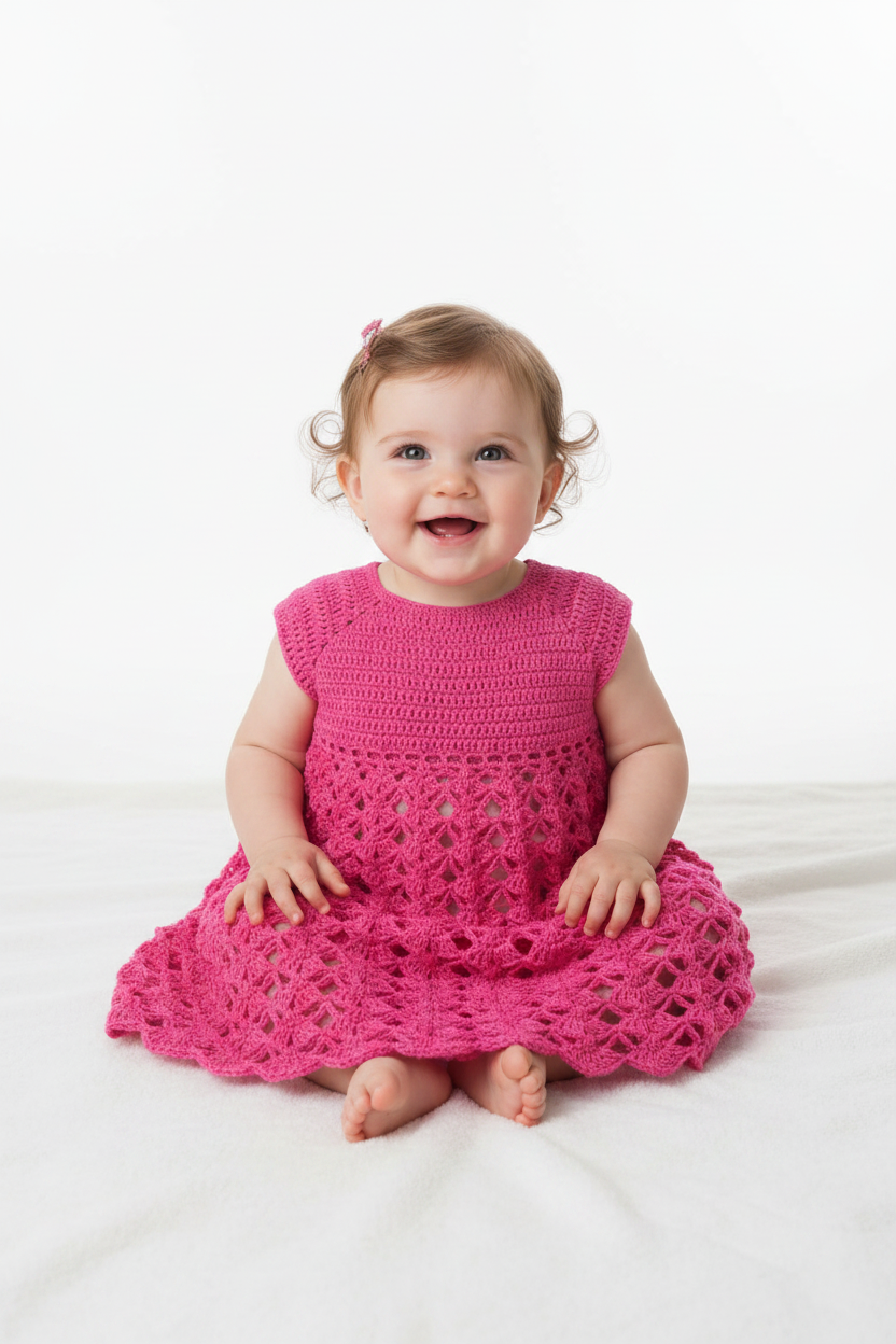 Bebé com vestido de crochet fúcsia