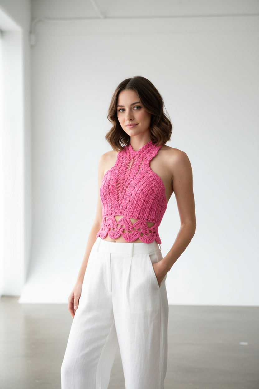 Modelo a usar top crochet halter rosa
