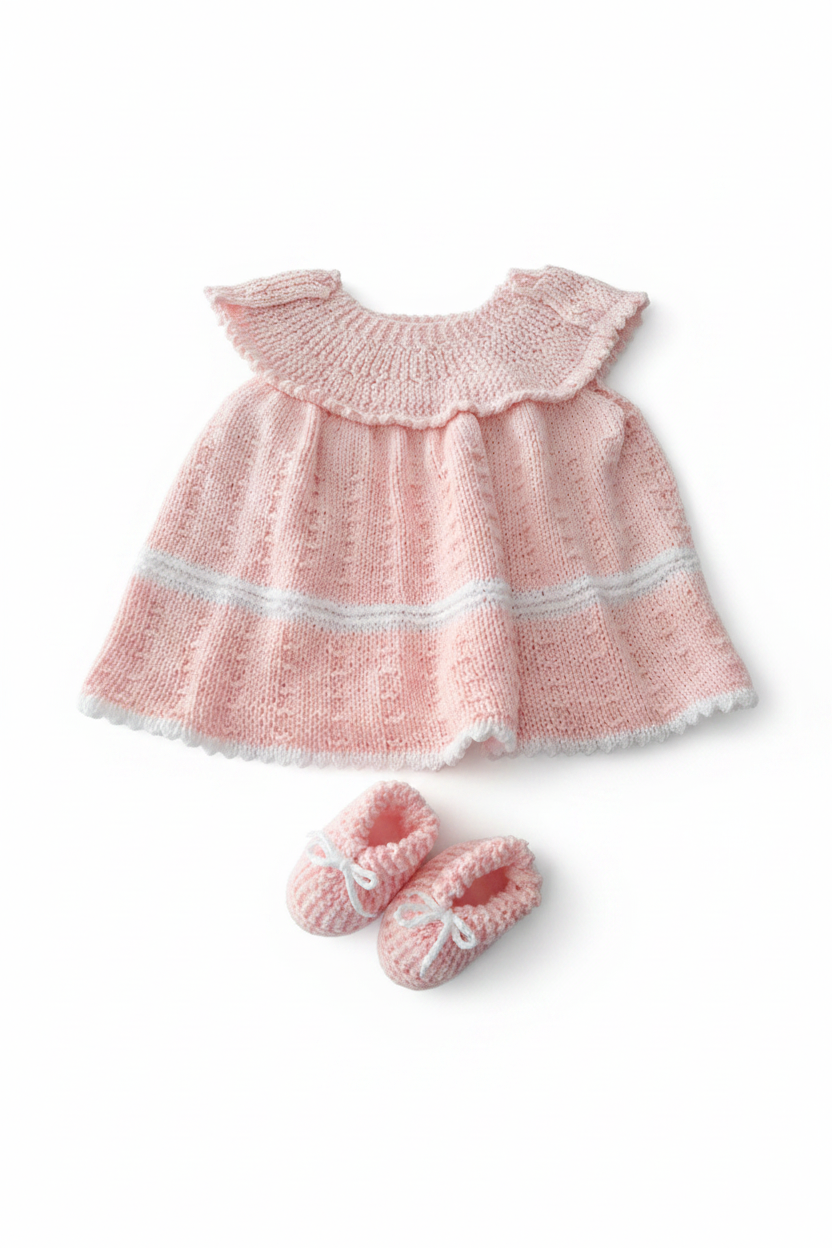Conjunto de malha rosa bebé - vestido e sapatinhos