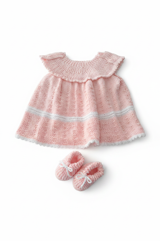 Conjunto de malha rosa bebé - vestido e sapatinhos