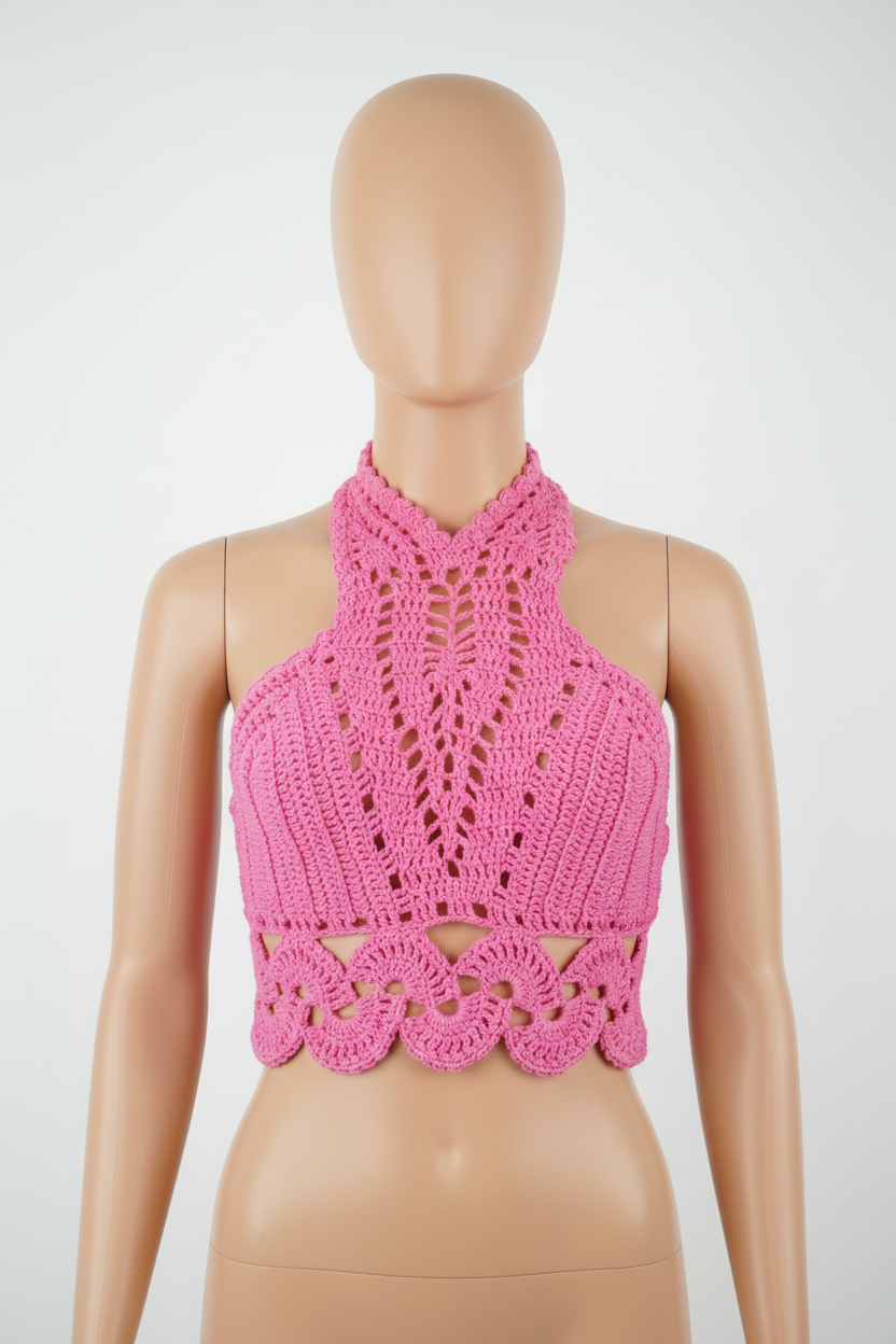 Top crochet rosa em manequim